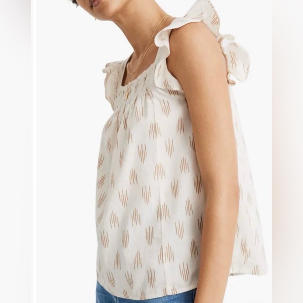 Madewell NWT Size Medium Cream Smocked Ruffle-Strap Tank Top in Ikat Dainty - Picture 2 of 8